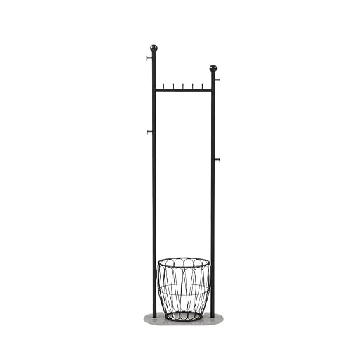 Dh2yjnbf3 Standing Wrought Iron Floor Coat Racks With Basket Household Bedroom Vertical Clothing Rack For Coats, Hats, Scarves And Handbags Hallway(Black)