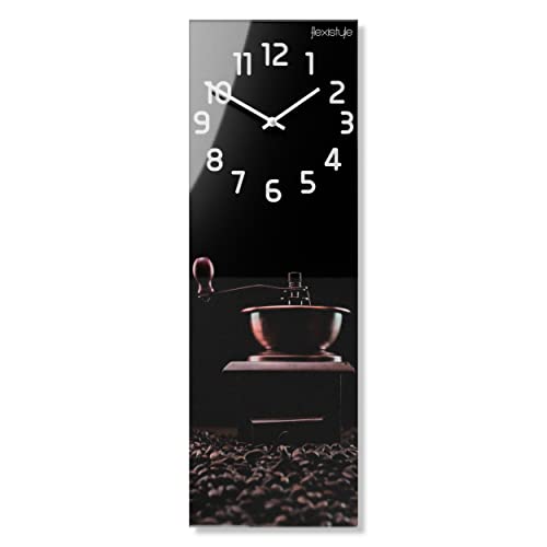 FLEXISTYLE Wanduhr Rechteckig 20x60 Cm – Kaffeetassen-Motiv, Aus Glas, Geräuschlos, Modernes Design
