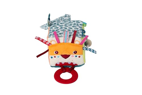 Lilliputiens - Cube d'éveil multi-activités Jack le Lion - Jouet interactif en tissu avec miroir, anneau de dentition et sons - Stimule la motricité et la...