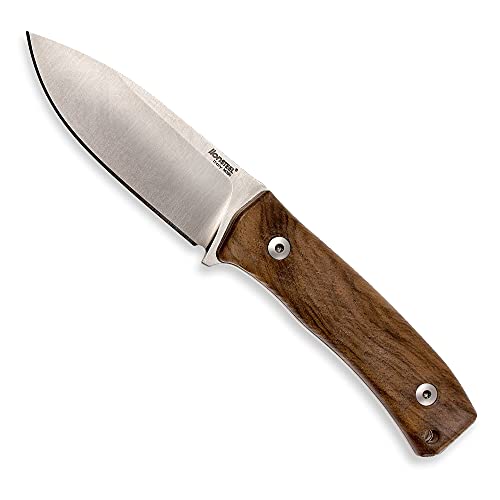 LionSTEEL M4 Fixed Blade Camping and Outdoor Knife, M390 Steel Hollow Grind Drop Point Blade, Walnut Handle, Includes Double Stitched Leather Sheath