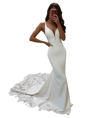 JAEDEN Meerjungfrau Brautkleid V-Ausschnitt Spitze Spaghettiträger Hochzeitskleider Rückenfrei Trauung Kleider Elfenbein 38 JAEDEN Meerjungfrau Brautkleid V-Ausschnitt Spitze Spaghettiträger Hochzeitskleider Rückenfrei Trauung Kleider Elfenbein 38