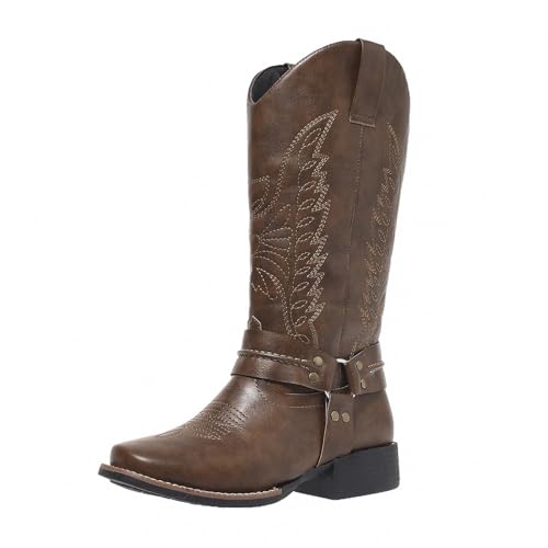 HINDOLA Mid Calf Cowboy Boots for Women Wide Calf Western Cowgirl Boot Square Toe Chunky Block Heel Classic Fashion Boots