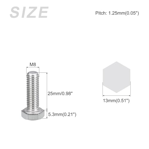 Image of METALLIXITY Hex Bolts (M8-1.25x25mm) 50Pcs, 304 Stainless Steel Coarse Fully Threaded Hex Head Screw Bolt Machine Screws - for Furniture Repair, Silver