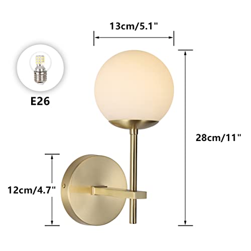 Bokt Brushed Gold Wall Sconce Mid Century Modern 1-Light Globe Round Wall Light Fixture Vintage Bathroom Vanity Wall Sconce Lighting Frosted White Glass Bar Wall Lamp #TOP1