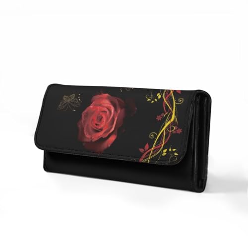 Image of AFPANQZ Women's Wallets RFID Blocking Large Capacity PU Leather Clutch Wallet Red Rose Print Card Holder Organizer Phone Credit Card Storage Bag Buckle Closure Long Clutch Long Wallet
