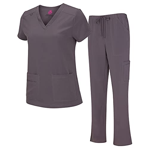 M&M SCRUBS Women's Breathable Cool Stretch Fabric Scrub Top and cargo Pant Set (Charcoal, X-Large)