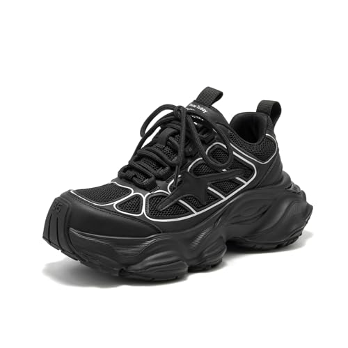 BEAU TODAY Chunky Sneakers for Women,Genuine Leather Platform Sneakers Women, Comfortable Lace-up Walking Tennis Casual Shoes Trendy Dad Fashion Sneakers Black US 7
