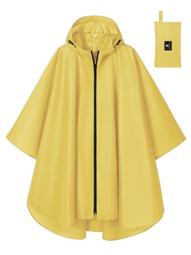 SaphiRose Lightweight Waterproof Rain Poncho for Adults with Hood Portable Rainwear for Outdoor Yellow