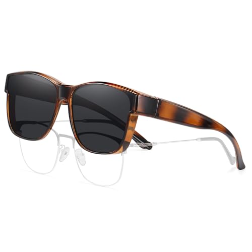 HAOLOTA Fit Over Sunglasses-Polarized for Driving Men, Stylish Square Fashionable Prescription Sunglasses UV400 Protection L Size 11 Dot Brown Tortoise Frame Grey Lens L Size