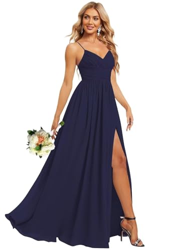 Spaghetti Straps Chiffon Bridesmaid Dresses Long A Line Formal Dress V Neck Pleated Evening Dress with Pockets