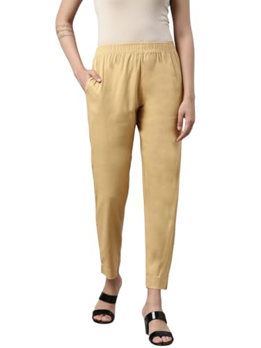 Image of MINELLI Women Solid Cigar Pants, Cotton Lycra Slub Fabric, Elasticated Waistband, Pull On Style, Regular Fit Bottom Wear for Western and Ethnic Wear