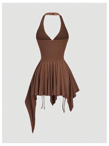 WDIRARA Women's Punk Halter Mini Dress Western Asymmetrical Ruffle Sleeveless Drawstring Ruched A Line Dresses2
