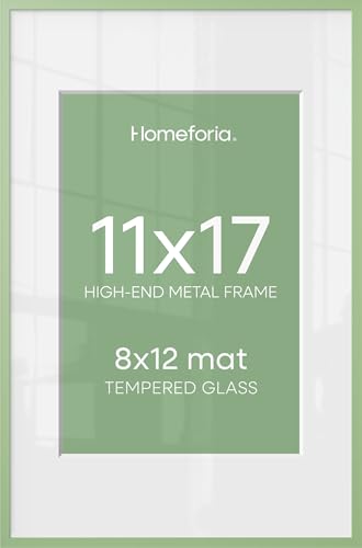 Image of Homeforia 11x17 Picture Frame Sage Green, High End Metal 11x17 Poster Frames with Mat 8x12 Photo, 11 x 17 Sage Green Frame Matted to 8 by 12 Art, 17x11 Thin Frames, Tempered Glass, Wall Kit, Set of 1