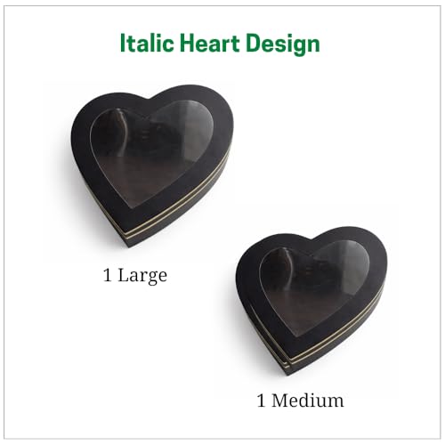 Image of Oasis Pack of 2 Italic Heart Shaped Gift & Flower Hamper Boxes With Clear Lid | Classic Bouquet Box for Flower Arrangements & Gift Hampers | Decorative Gift Packaging Box - Midnight Black Heart