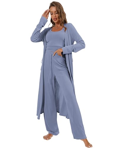 Image of 3 Piece Lounge Sets for Women Airport Travel Outfit | Long Cardigan,Tank Top ,Wide Leg Pants with Pockets,Comfy Loungewear,Casual Chic, Airplane Clothing,Vacation Matching Set