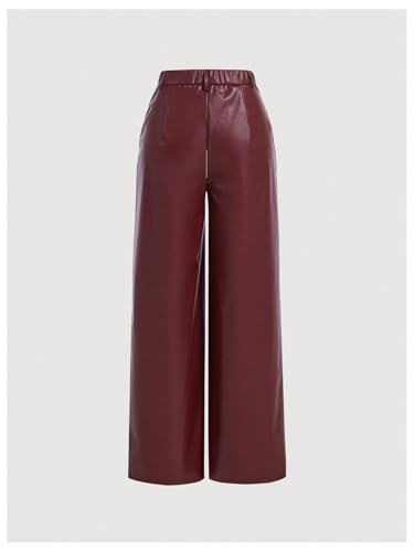 MakeMeChic Women\'s Leather Pants High Waist Wide Leg Pants Elastic Straight Party Trousers with Pockets Burgundy Large