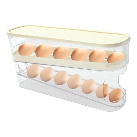 Locisne Egg Holder For Refrigerator, Auto Rolling Double Layer Fridge Egg Organizer with Lid, Space Saving Eggs Dispenser for Refrigerator Storager, Holds 12 Large Eggs Cover