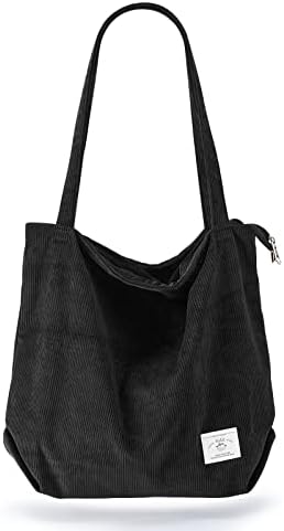 KALIDI Women Corduroy Tote Bag Large Shoulder Bag with Zipper Pockets Big Capacity Casual Handbags Shopping Bag for Girls, Black