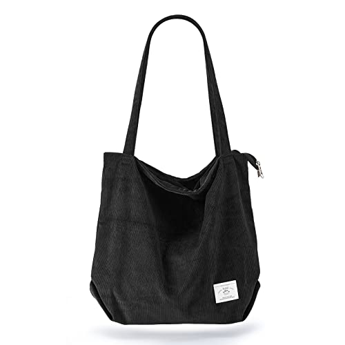 Image of KALIDI Women Corduroy Tote Bag Zipper Casual Tote's Handbag Big Capacity Shoulder Bag with Pockets