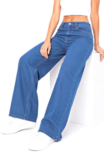 Image of Women's High Rise Wide Leg Denim Jeans | Stretchable Casual Blue Jeans for Women | Classic 5 Pocket Style | Comfortable Everyday Wear