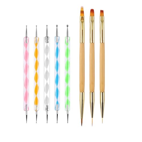 FULINJOY 5PCS Dotting Pens and 3PCS Nail Painting Brushes Double-Ended Acrylic Nail Art Liner Brush Dotting Pen for Gel Polish Nail Paintings 3D Nail Pattern Detail Brush Nail Art Design Tools