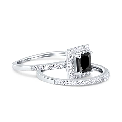 Blue Apple Co. Two Piece Halo Ring Band Bridal Set Princess Cut Round Simulated Cubic Zirconia 925 Sterling Silver2