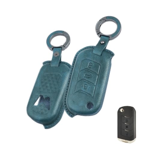 Image of Keyzone Vintage Leather Key Cover for Thar, Scorpio, Bolero, XUV700, XUV400, XUV300, TUV300, Marazzo 3 Button flip Key (Push Button Start Models only) (VL - Blue)