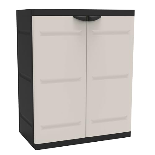 Titanium PLASTIKEN Armoire Basse 2 Portes avec étageres l70 x p44 x h88 cm Beige et Noire Gamme Titanium Intérieur/Extérieur