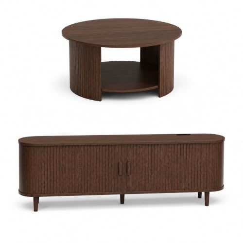 OneBlis Living Room Table Set of 2, 65" Mid Century Modern TV Stand with Power Outlet and 31.5" Round Wood Coffee Table with Storage, Fluted Entertainment Center and 2-Tier Center Table, Walnut by OneBlis - Used condition - Image 3