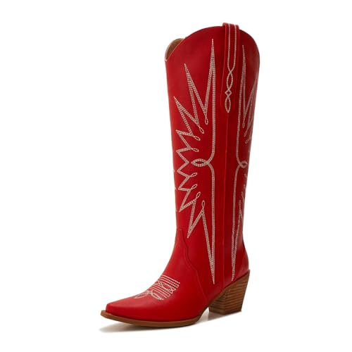 Wide Calf Cowboy Boots for Women – Western Knee High Cowgirl Boots, Snip Toe Pull-On Style, 3