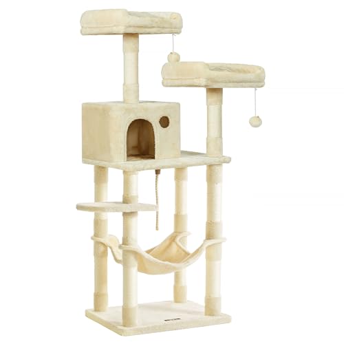 Feandrea Albero per Gatti Alto 143 cm, Tiragraffi per Gatti, con 11 Pali Graffiatoi, 2 Posatoi, 1 Grotta, 1 Amaca, 2 Pompon, in Peluche a Più Livelli, Beige PCT15BEV1
