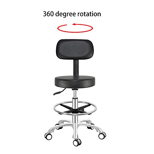 Image of Antlu Rolling Adjustable Stool Drafting Chair for Office Shop Kitchen Medical Salon,Swivel Stool with Wheels and Back (Black, with Foot Ring)