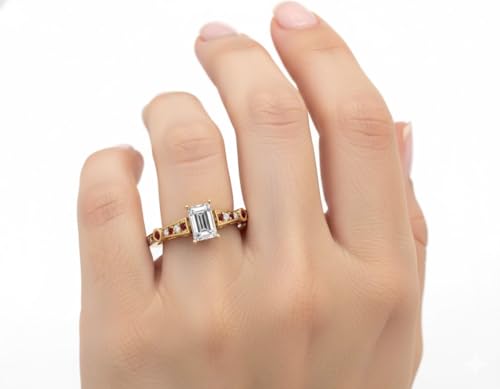 Image of 55Carat Choose Your Gemstone Tapered Vintage Engagement Ring Yellow Gold Plated Emerald Shape Vintage Engagement Rings Everyday Jewelry Wedding Jewelry Handmade Gifts for Wife US Size 4 to 12