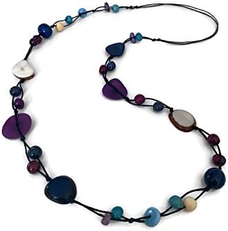 Long tagua necklace in blue, purple, white. organic handmade tagua nut Jewelry TAG541