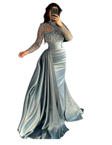 Sequined Mermaid Evening Gown Elegant Masquerade Dress for Women Long Sleeve High Neck Satin Formal Gowns with Pearls