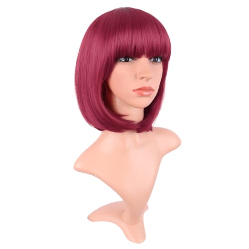 Image of MapofBeauty 12 Inch /30 cm Fashion Lady Short Straight Synthetic Flat Bangs Bob Wig (Blood Red)