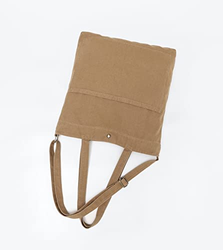 Image of Jeelow 16oz Washed Canvas Tote Bag, Heavy Duty Shoulder Crossbody Handbag, 2 Front Pockets and Snap Closure for Men and Women