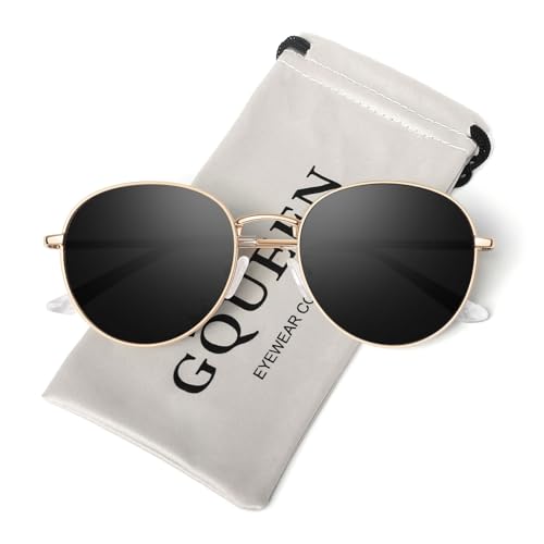 GQUEEN Retro Round Polarized Sunglasses Womens Men Spring Hinge Metal Frame Trendy Hippie Oval Sun Glasses Shades UV400 Gold Black