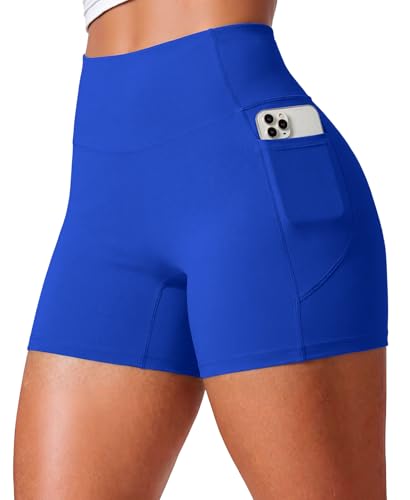 JEKAOYI Womens Workout Shorts 4.5 No Front Seam Yoga Biker Tummy Control Gym Volleyball Spandex Shorts with Pockets Vibrant Blue