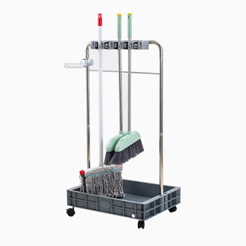 Support à balais à roulettes, Support à balais Mobile, Chariot à balais, Chariot à Outils de Nettoyage sur Pied pour Le Jardin,