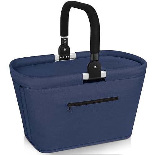 Anhow 35L Kühltasche Einkaufskorb Faltbar mit 2 Stützstangen, Große Isolierte Kühlkorb mit Aluminium Griff Wasserabweisendes Praktischer Tragekorb für Reisen Picknick Einkaufen Geschenk - Blau