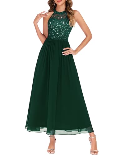 Wedtrend Women's Green Sequin Dress Floor Length Dresses for Women Formal Evening Party Halter Long Cocktail Dresses for Women Bridesmaid Dress 80s Prom Evening Gowns WT0201XP DarkGreen L