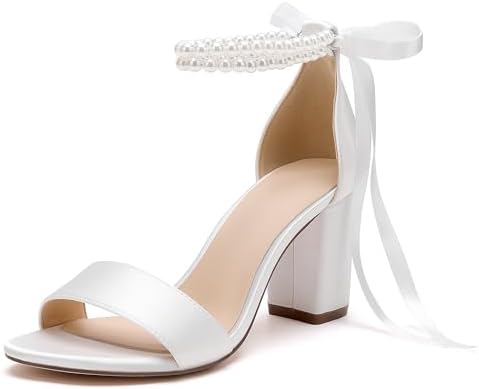 HKMFLYY Chaussures de mariage à bout ouvert avec perles pour femme - Sandales à talons hauts en satin - Sangle de cheville - Pour bal de fin d'année, soirée