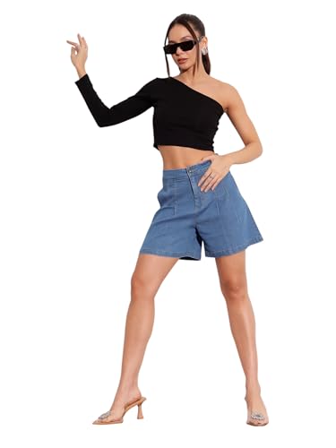 Image of Miss Chase Women's Relaxed Mid Rise Regular Non Stretchable Denim Shorts