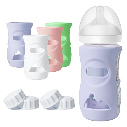 Image of Joxodak 4 Pack Silicone Sleeves for Philips Avent Natural Glass Bottle, Food Grade Silicone Cover and 4pcs Travel Caps, Lids Replacement (White+Pink+Violet+Green, 8oz)