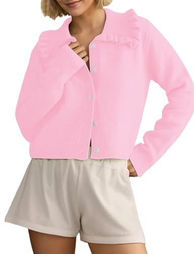 Image of Ythomm Womens Ruffle Collar Cropped Cardigans Button Down Open Front Long Sleeve Knit Sweater Jackets Casual Solid Fall Tops Light Pink