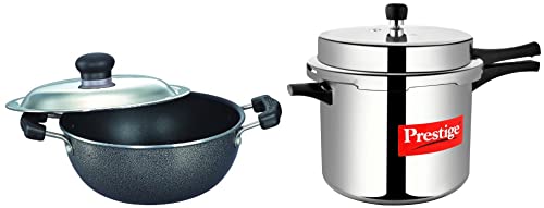 Image of Prestige Popular Aluminium Outer Lid Pressure Cooker, 10 Litres, Silver & Prestige Aluminium Omega Select Plus Non-Stick Flat Base Kadhai with Lid, 20cm, 2.2 Liters, Black
