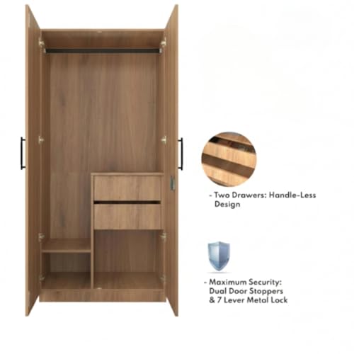 Image of Amazon Brand - Solimo Meroki 2 Door Wardrobe | Cupboard | Almirah with Drawers, Hanging Rod & 4 Shelves | 90L x 45W x 180H CM | Wood Oak Light | DIY