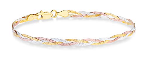 Miabella Tri-Color 18K Gold Over Sterling Silver Italian 3-Strand 4mm Braided Herringbone Link Chain Bracelet for Women Teen Girls 6.5, 7, 7.5, 8 Inch 925, Italy (7.5 Inches (6.5