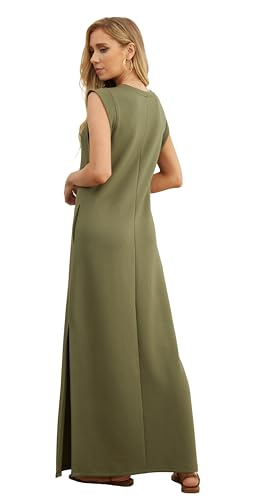 Image of GRECERELLE 2026 Women Year-Round Casual Round Neck Loose Split Wrinkle-Free Long Maxi Vacation Dress with Pockets (XXS-4XL)